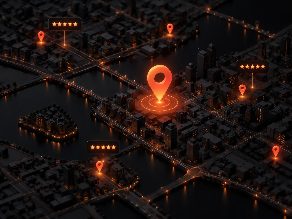 Illustration of a city map with glowing map pins and five-star ratings, representing local SEO by Digital Magma