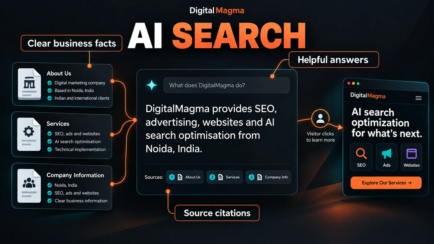 AI search workflow: clear business facts, helpful answers and source citations — illustration