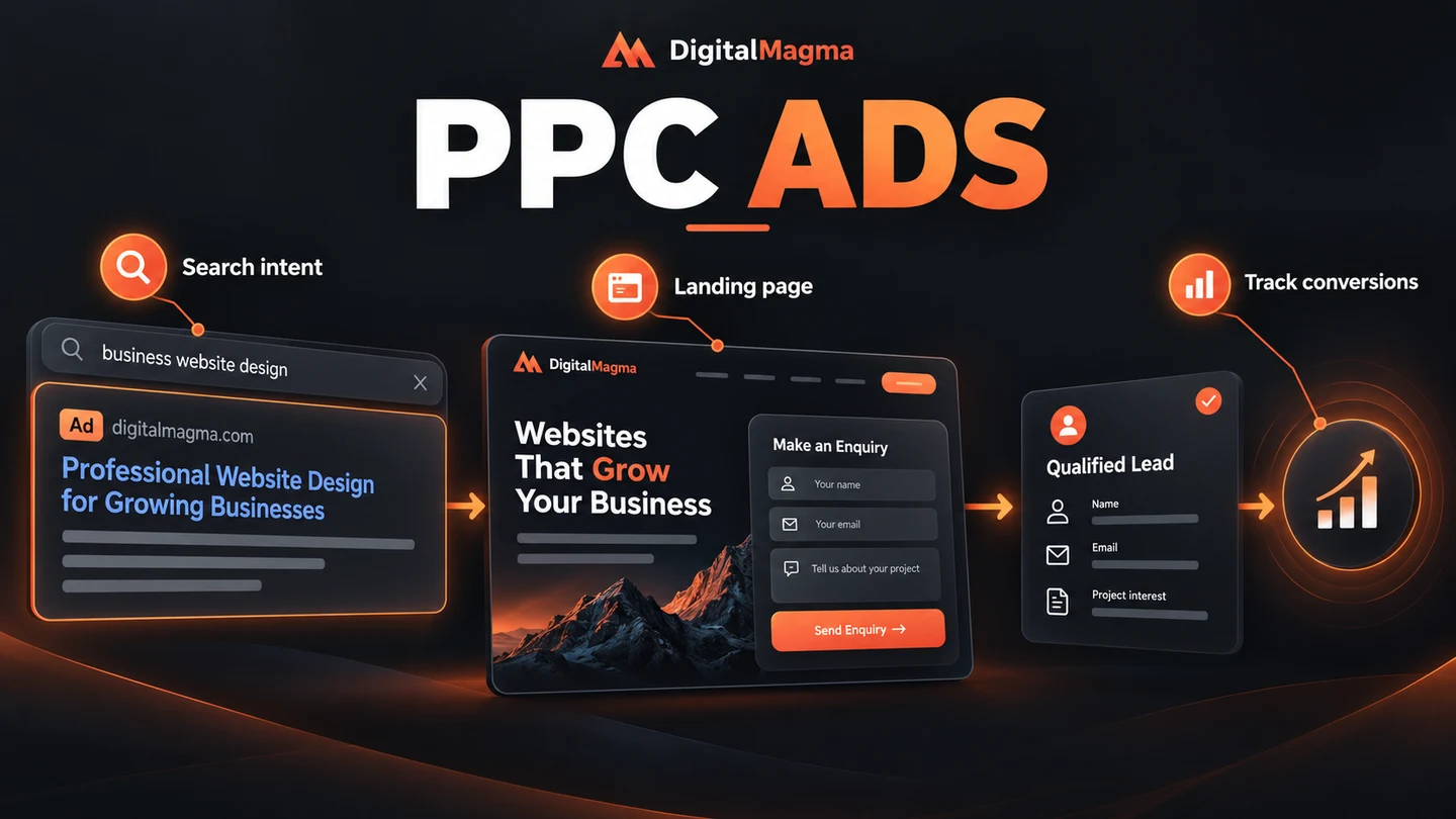 PPC workflow: search intent, landing page and conversion tracking — illustration