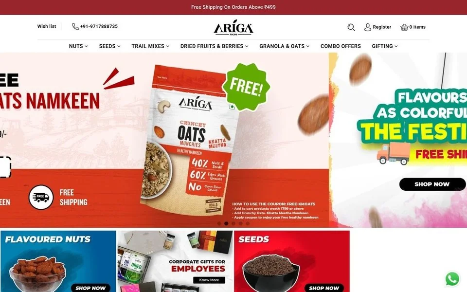 Ariga Foods website screenshot — ecommerce & consumer brand marketing portfolio reference from Digital Magma