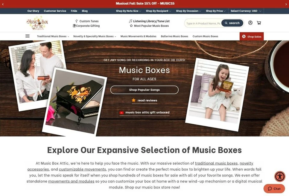 Music Box Attic website screenshot — ecommerce & consumer brand marketing portfolio reference from Digital Magma