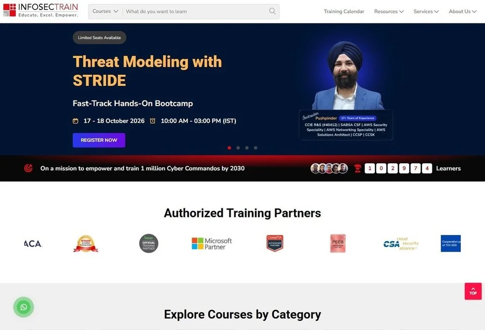 InfosecTrain website screenshot — professional services marketing portfolio reference from Digital Magma