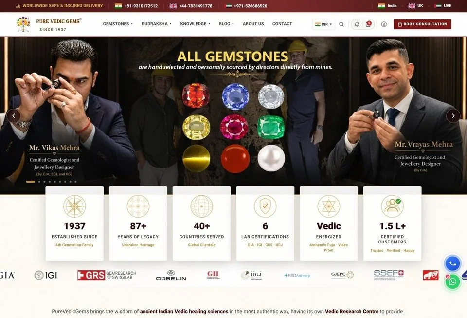 Pure Vedic Gems website screenshot — astrology & spiritual brand marketing portfolio reference from Digital Magma