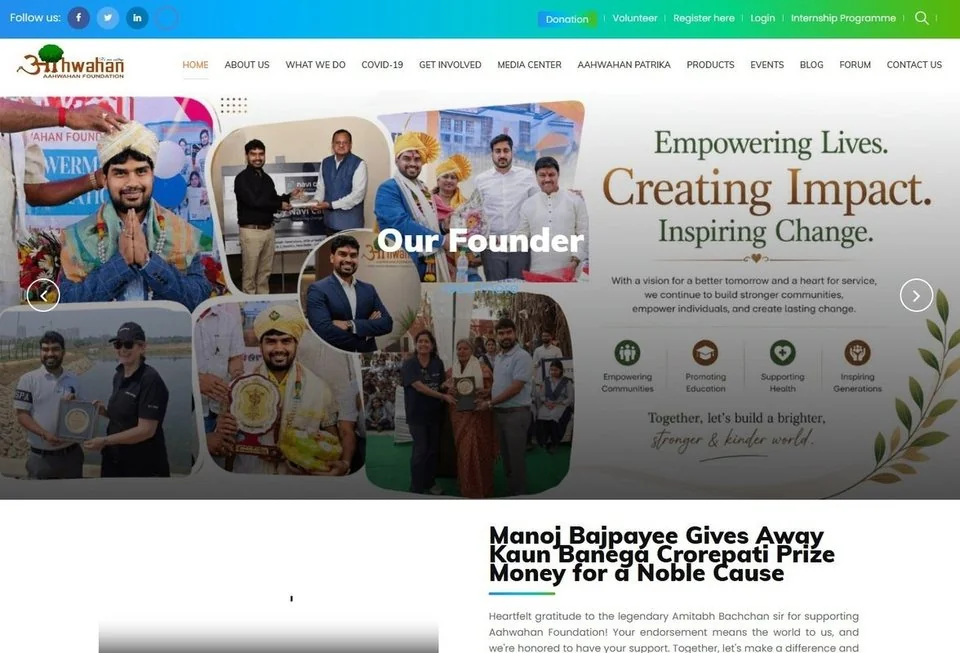 Aahwahan Foundation website screenshot — professional services marketing portfolio reference from Digital Magma