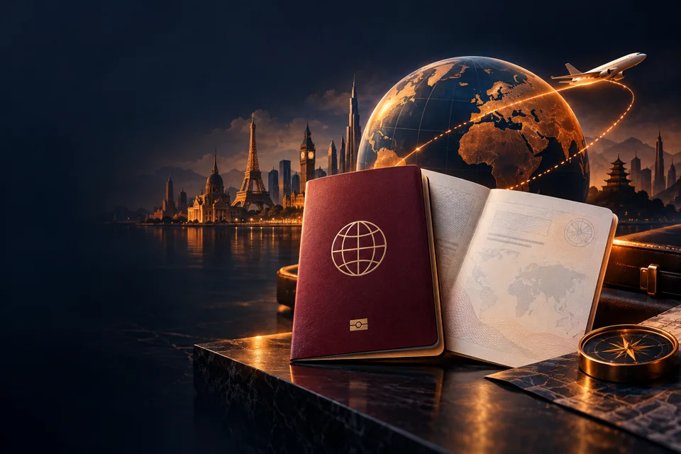 Visa services illustration with passport, travel documents and international flight routes for the Visaskart marketing project